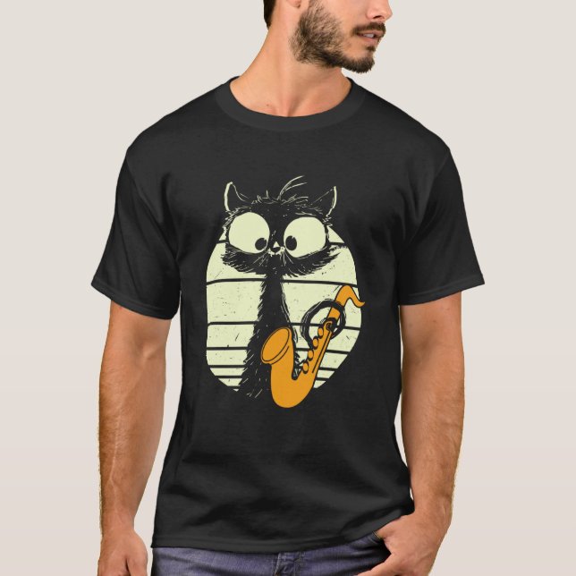 Cat With Saxophone Playing Cat Cute Jazz Cat Pullo T-Shirt (Front)