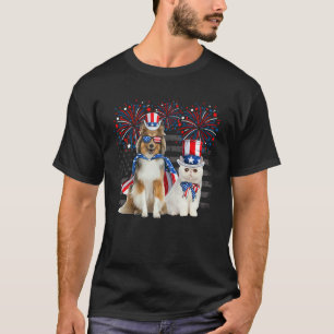 Cat With Shetland Sheepdog Sunglasses American Fla T-Shirt