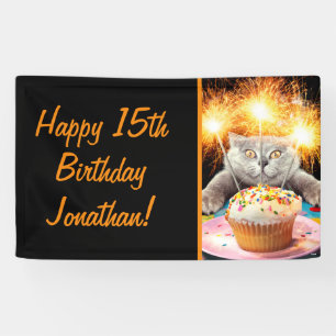 Cat With Sparkler Cupcake Banner