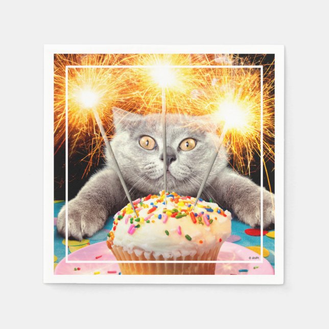 Cat With Sparkler Cupcake Napkin (Front)