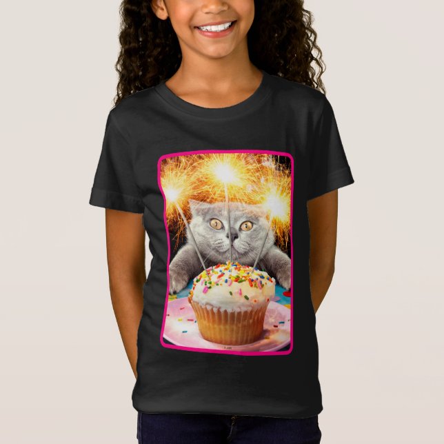 Cat With Sparkler Cupcake T-Shirt (Front)