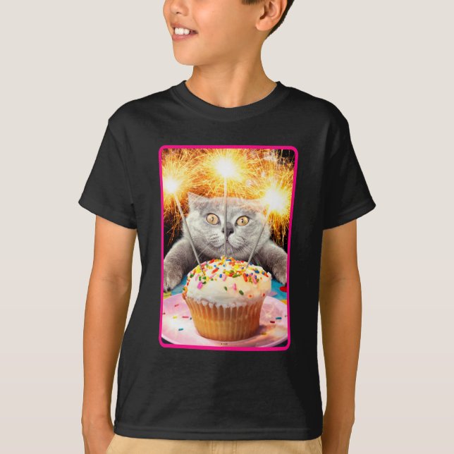 Cat With Sparkler Cupcake T-Shirt (Front)
