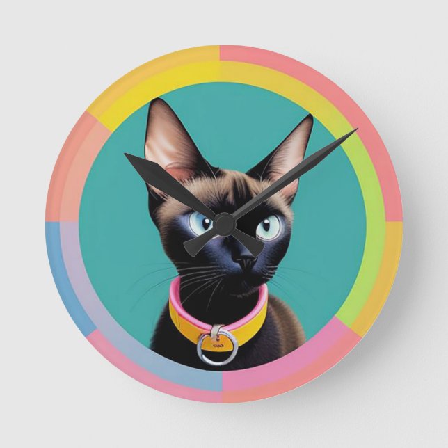 Cat With Striking Eyes by Circular Mirror Round Clock (Front)