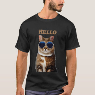 Cat with Sunglasses Hello Men's Basic Dark T-Shirt