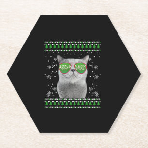 Cat with Sunglasses Meowy Ugly Christmas Sweater  Paper Coaster