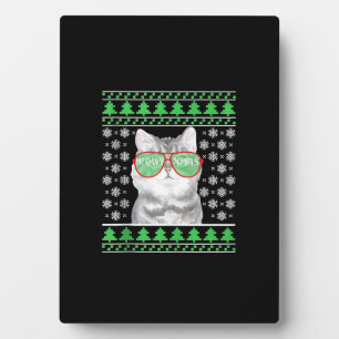 Cat with Sunglasses Meowy Ugly Christmas Sweater Plaque