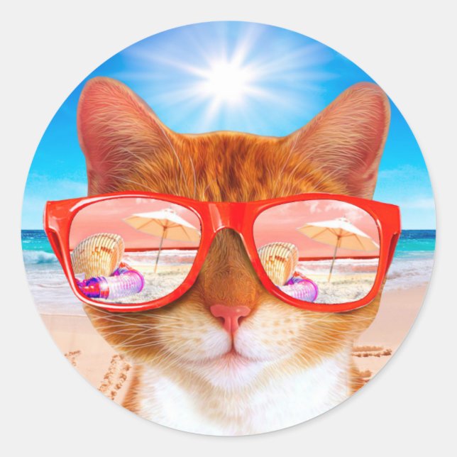 Cat with sunglasses on the beach classic round sticker (Front)