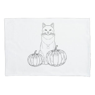 Cat With Two Pumpkins Minimal Line Art Cute Fall Pillowcase