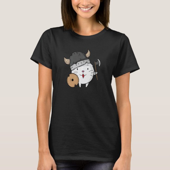 Cat with Viking Helmet Axe and Shield T-Shirt (Front)