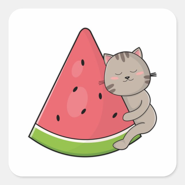 Cat with Watermelon Square Sticker (Front)