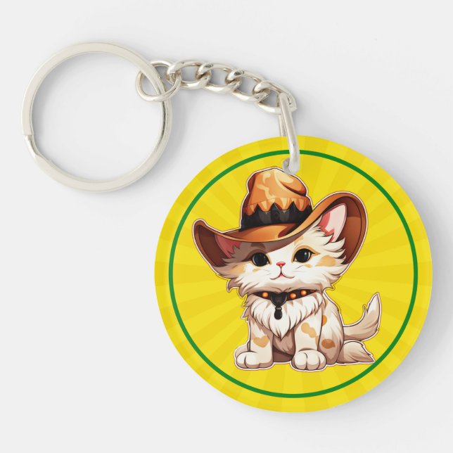 Cat with Western Hat Clipart-85247 Keychain (Front)