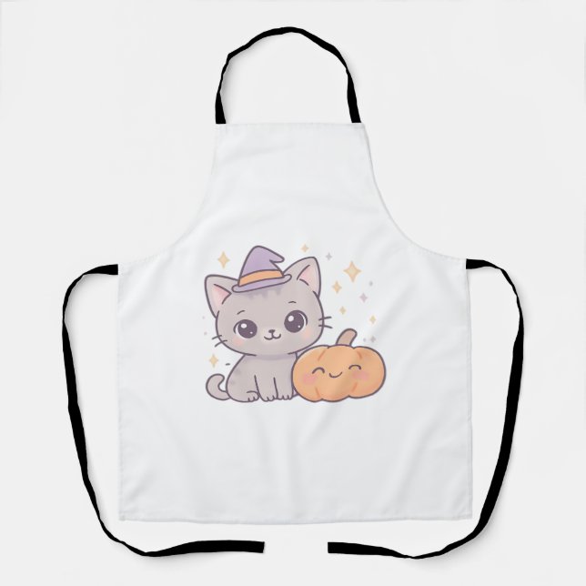 Cat with Witch Hat and Smiling Pumpkin Cute Spooky Apron (Front)