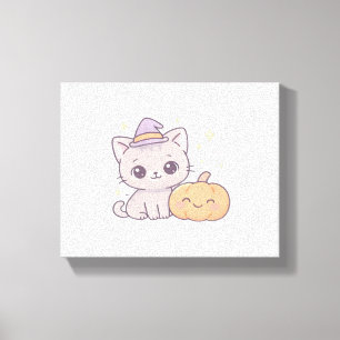 Cat with Witch Hat and Smiling Pumpkin Cute Spooky Canvas Print
