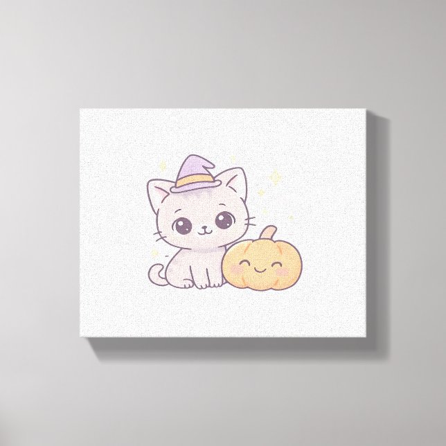 Cat with Witch Hat and Smiling Pumpkin Cute Spooky Canvas Print (Front)