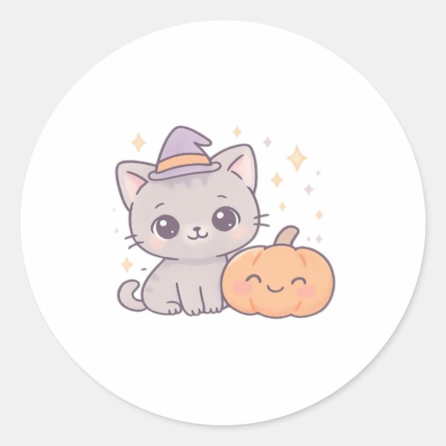 Cat with Witch Hat and Smiling Pumpkin Cute Spooky Classic Round Sticker (Front)