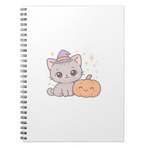Cat with Witch Hat and Smiling Pumpkin Cute Spooky Notebook