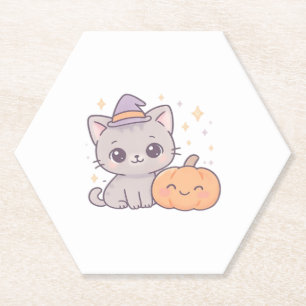 Cat with Witch Hat and Smiling Pumpkin Cute Spooky Paper Coaster