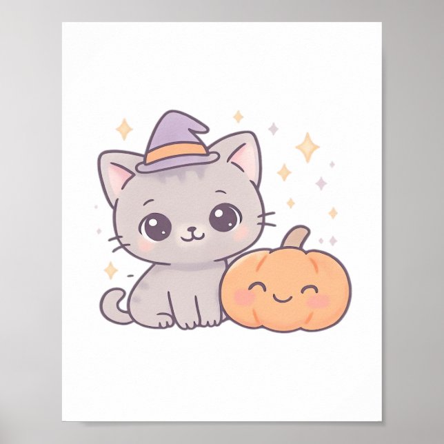 Cat with Witch Hat and Smiling Pumpkin Cute Spooky Poster (Front)