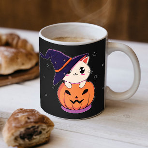 Cat with witch hat in Halloween Jack-O-Lantern Coffee Mug