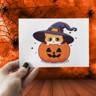 Cat with witch hat in Halloween Jack-O-Lantern  Postcard