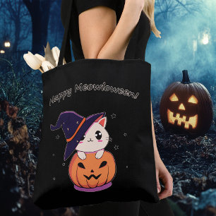 Cat with witch hat in Halloween Jack-O-Lantern  Tote Bag