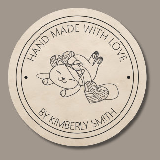 Cat with Yarn Hand Made with Love Monogram Classic Round Sticker