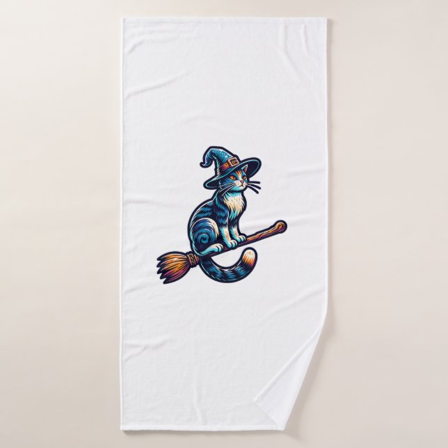 Cat Wizard Halloween Witch Mystical Cat Lovers Hal Bath Towel (Bath Towel)