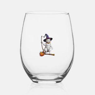 Cat Wizard Halloween Witch Mystical Cat Lovers  Stemless Wine Glass