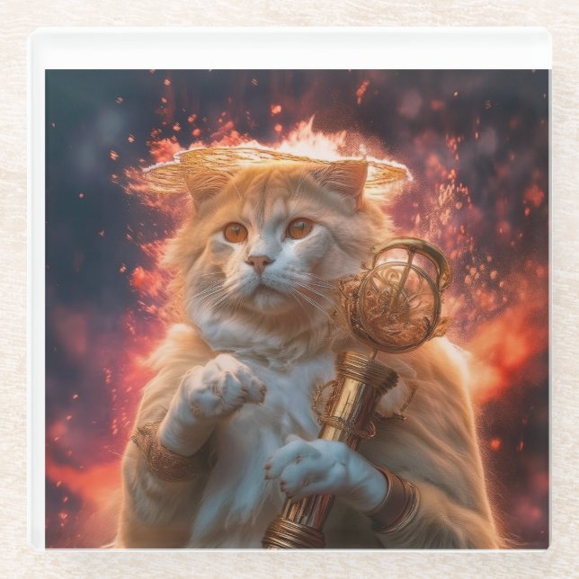 Cat Wizard With Magic Staff Amidst Flames Glass Coaster (Front)