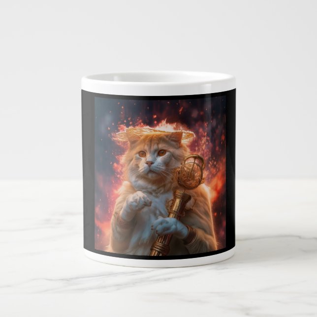 Cat Wizard With Magic Staff Amidst Flames Large Coffee Mug (Front)