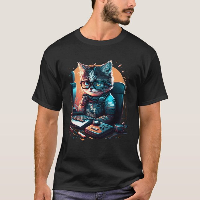 Cat Work On Computers with glasses cute cats Compu T-Shirt (Front)