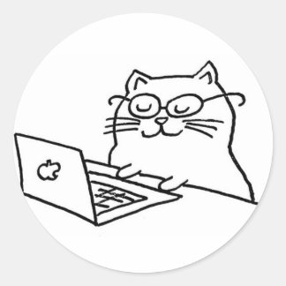 Cat working on laptop classic round sticker