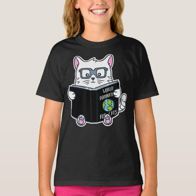 cat world domination   cat reading  bookworm T-Shirt (Front)