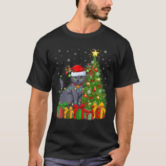 Cat Xmas Tree Lighting Santa Hat Russian Blue Cat T-Shirt