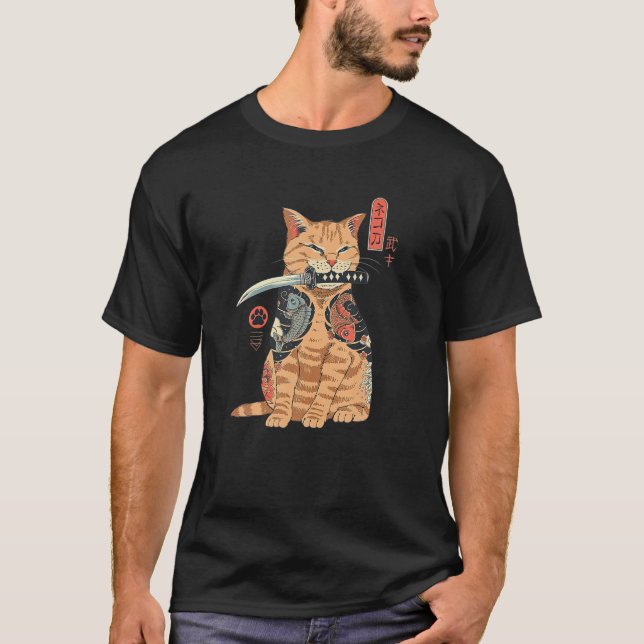 Cat Yakuza Cat Samurai Cat Tattoo Style Japan Anim T-Shirt (Front)