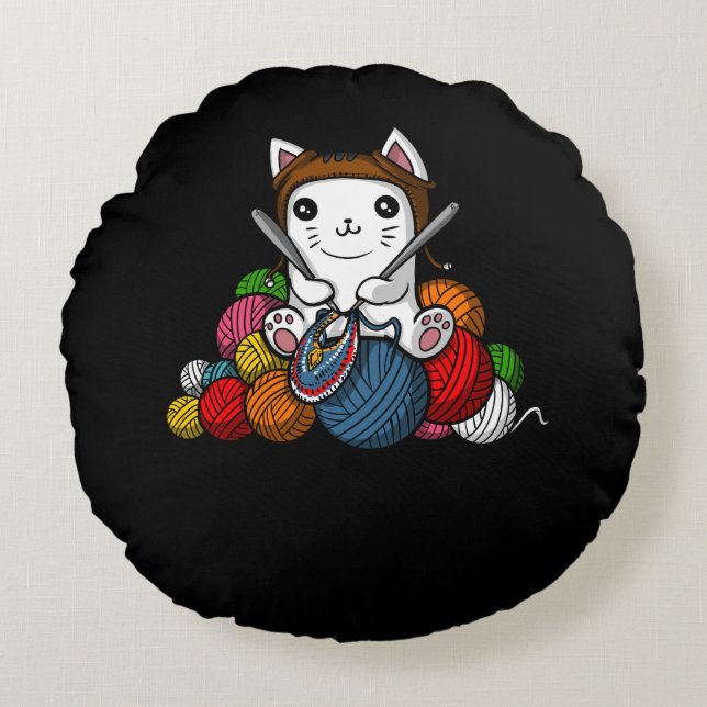 Cat Yarn Knitting Cute Kitten Pet Round Cushion (Front)