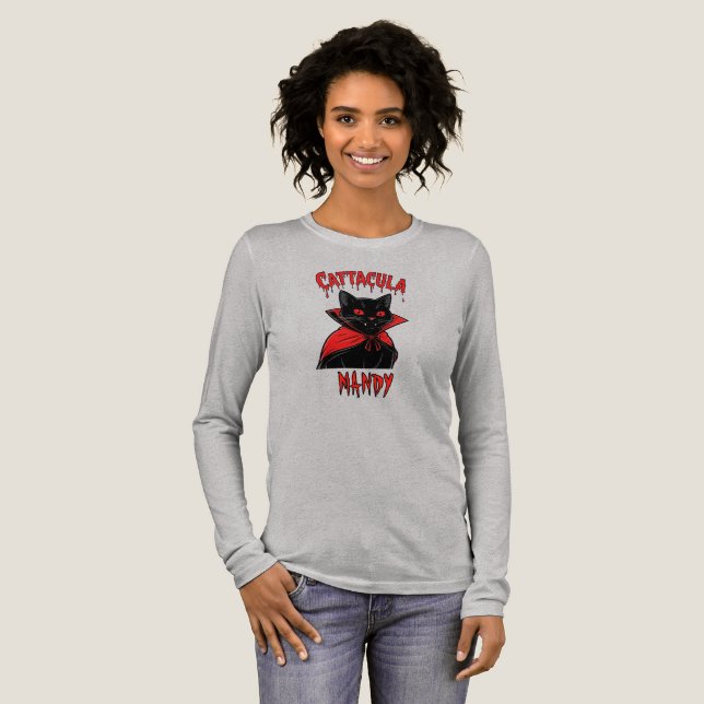 Catacula Black Vampire Cat Halloween Tri-Blend Shirt (Full Front)