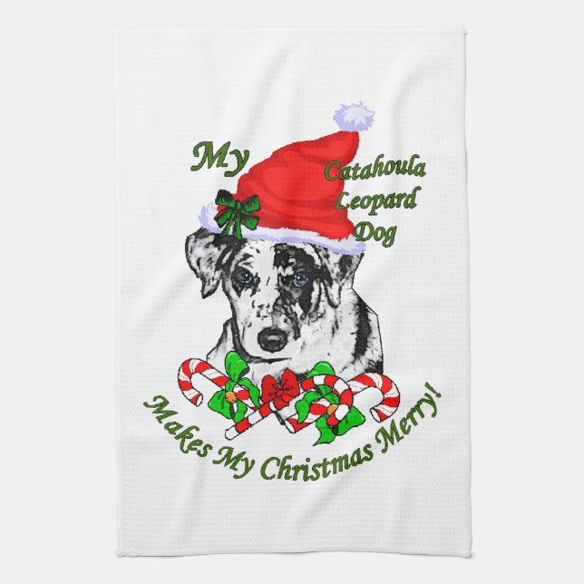 Catahoula Leopard Dog Christmas Tea Towel (Vertical)