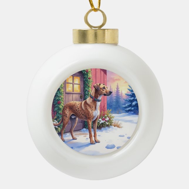 Catahoula Leopard Dog Rustic Barn Christmas Art Ceramic Ball Christmas Ornament (Front)