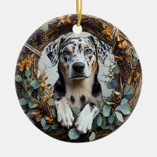 Catahoula Leopard Dog Wreath Ceramic Tree Decoration (Front)