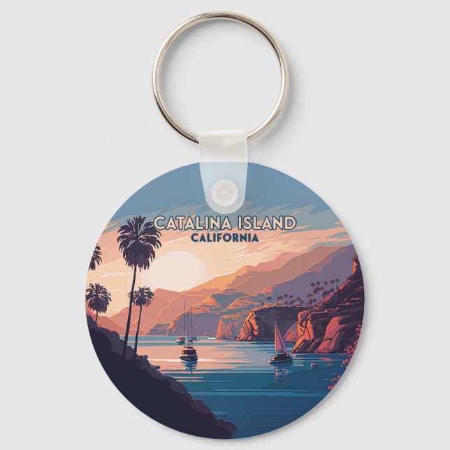 Catalina Island California Boats Sunset Retro Key Ring (Front)