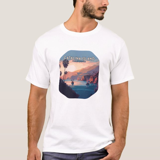 Catalina Island California Boats Sunset Retro T-Shirt (Front)