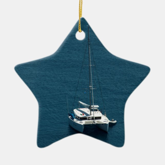 Catamaran moored offshore ceramic tree decoration (Front)