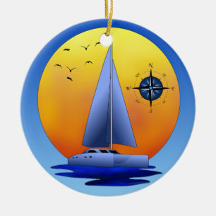 Catamaran Sailboat And Compass Rose Ceramic Tree Decoration