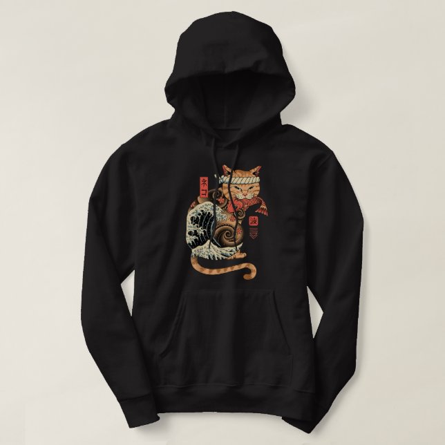 Catana Wave Cat Tattooed Samurai Cat Japanese Art  Hoodie (Design Front)