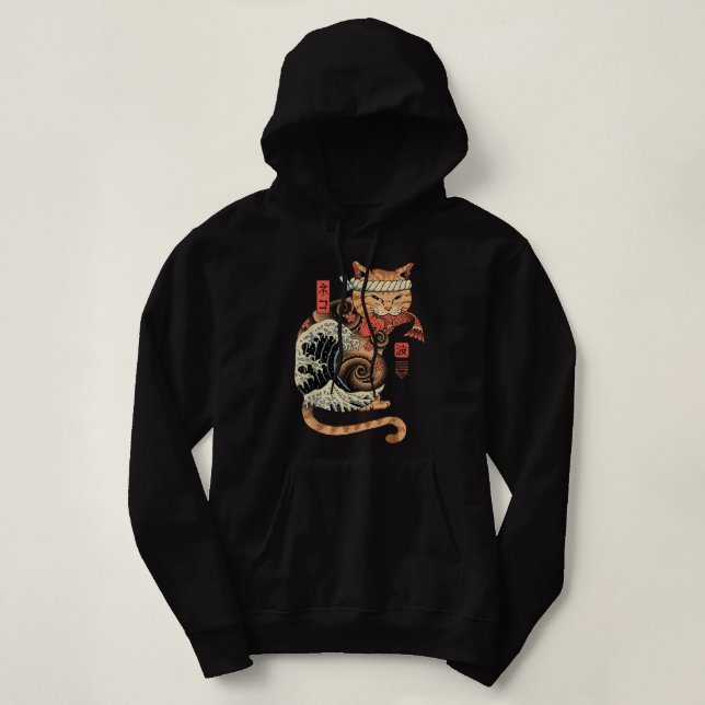 Catana Wave Cat Tattooed Samurai Cat Japanese Art  Hoodie (Design Front)