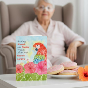 Cataract  Surgery Healing Scarlet Macaws, Hibiscus Card