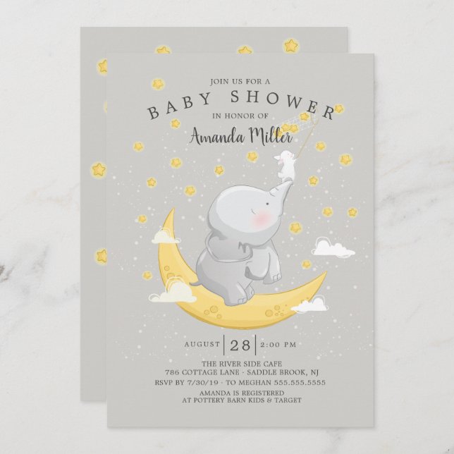 Catch A Star Neutral Bunny Elephant Baby Shower Invitation (Front/Back)