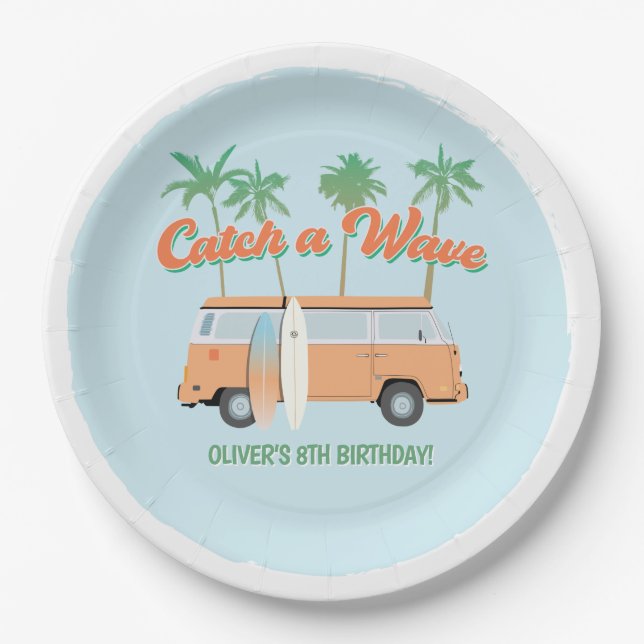 Catch a Wave Surf's Up Any Age Happy Birthday Paper Plate (Front)