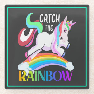 Catch the Rainbow Unicorn Design Glass Coaster